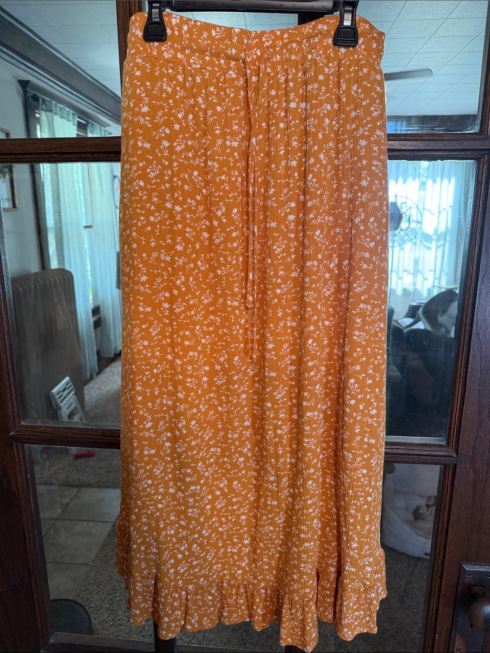 Wishlist Apparel Mustard Ditsy Floral Ruffle Hem Maxi Skirt with Pockets Medium